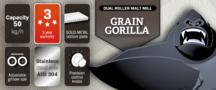 Grain Gorilla, maltmølle med justerbare rustfri stål ruller